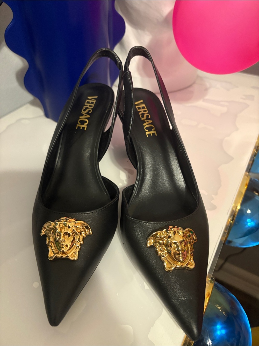Versace Black Leather Slingback Pumps with Gold Medusa Plaques